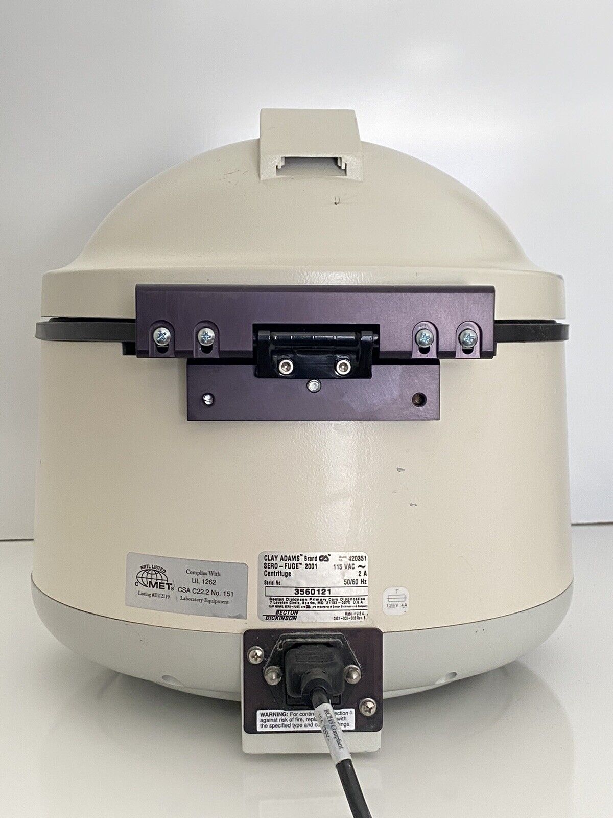 Becton Dickinson Clay Adams Sero-Fuge 2001 Centrifuge Model 420351 W/ Rotor