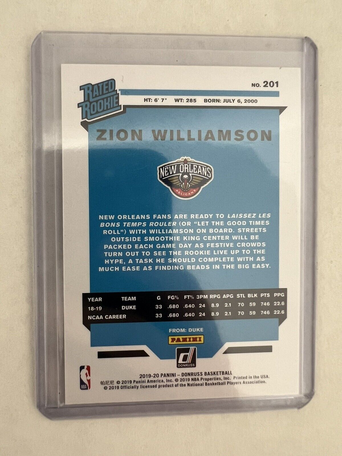 2019-20 Panini Donruss - Rookie #201 Zion Williamson (RC)